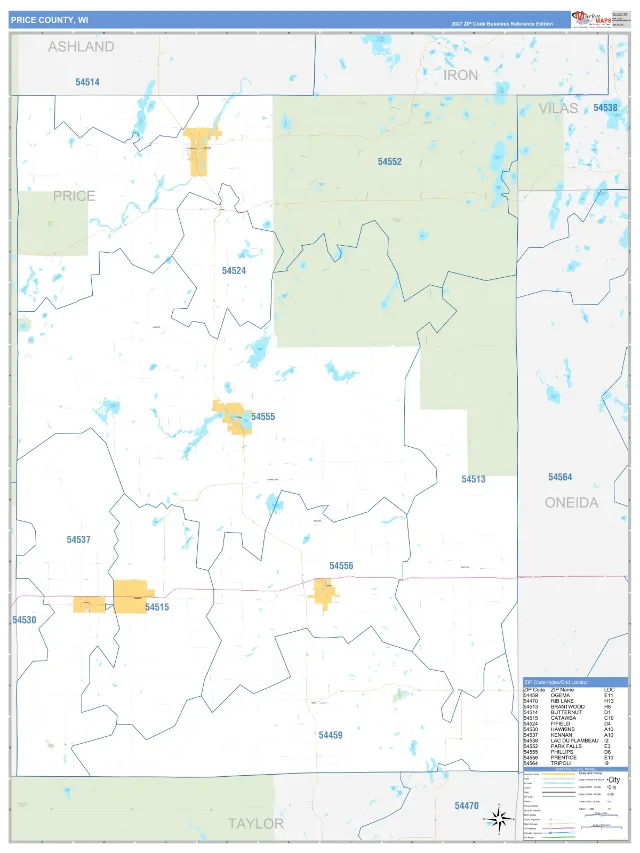 Price County, WI ZIP Code Wall Map, Business Reference style