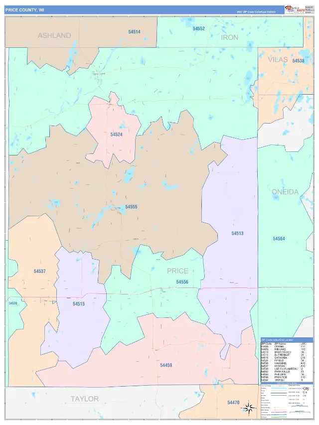 Price County, WI ZIP Code Wall Map, ColorCast style