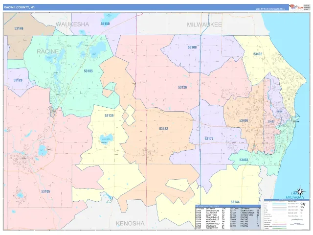 Racine County, WI ZIP Code Wall Map, ColorCast style