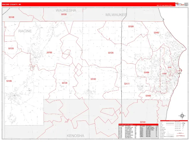 Racine County, WI ZIP Code Wall Map, RedLine style