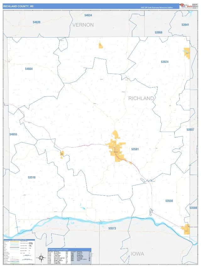 Richland County, WI ZIP Code Wall Map, Business Reference style