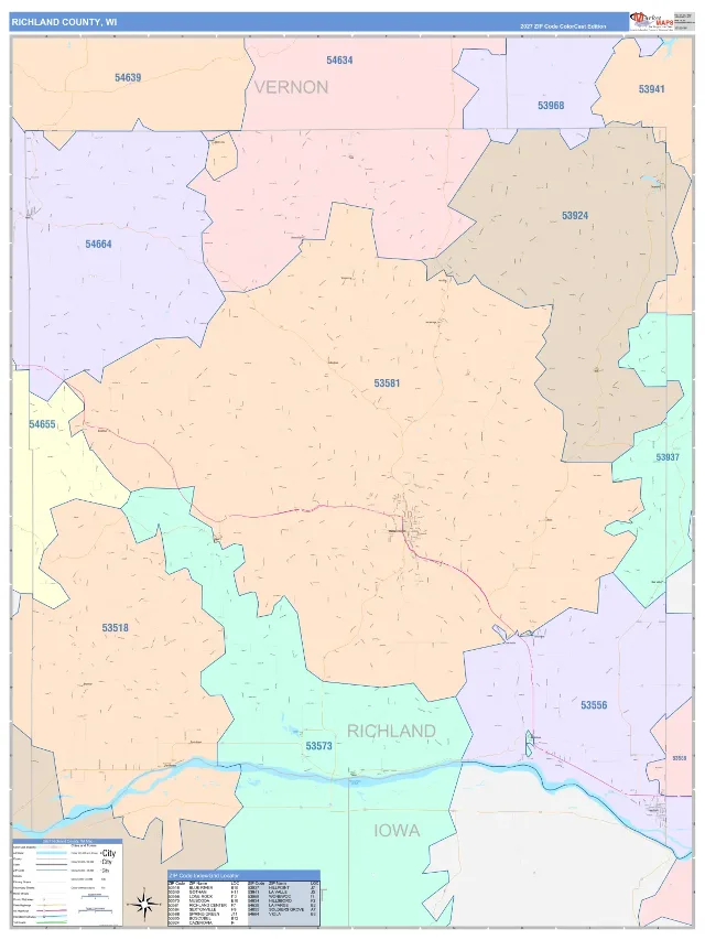 Richland County, WI ZIP Code Wall Map, ColorCast style