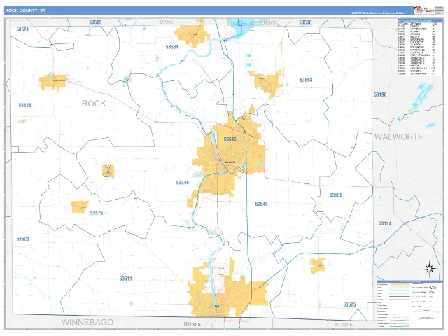 Rock County, WI ZIP Code Wall Map, Business Reference style
