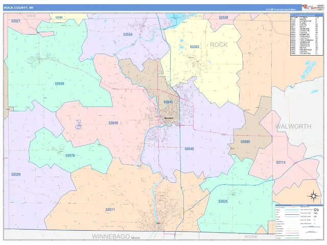 Rock County, WI ZIP Code Wall Map, ColorCast style