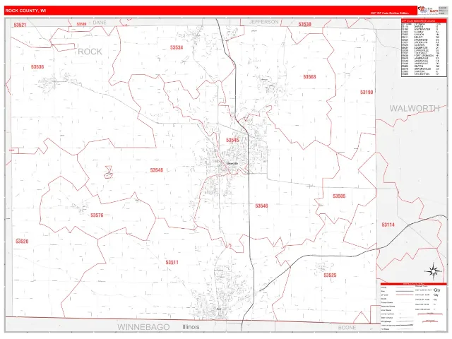 Rock County, WI ZIP Code Wall Map, RedLine style