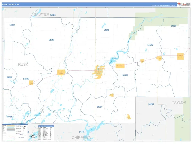 Rusk County, WI ZIP Code Wall Map, Business Reference style