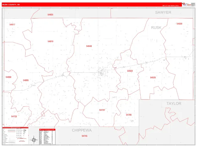 Rusk County, WI ZIP Code Wall Map, RedLine style