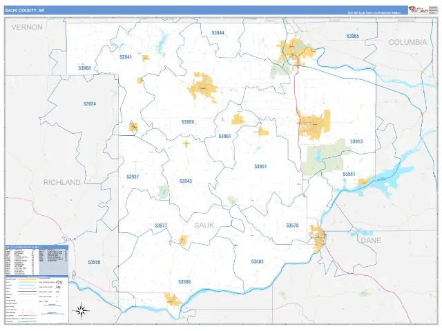 Sauk County, WI ZIP Code Wall Map, Business Reference style