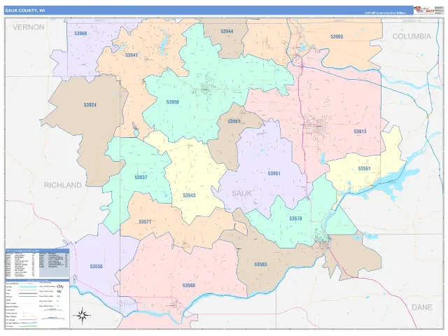 Sauk County, WI ZIP Code Wall Map, ColorCast style