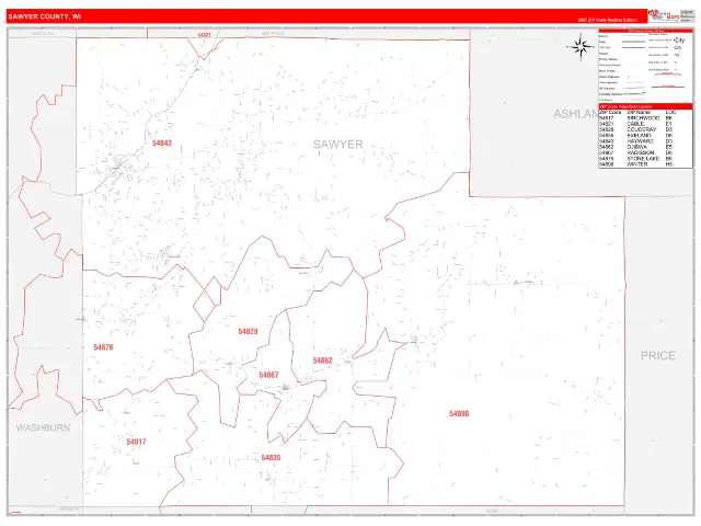Sawyer County, WI ZIP Code Wall Map, RedLine style