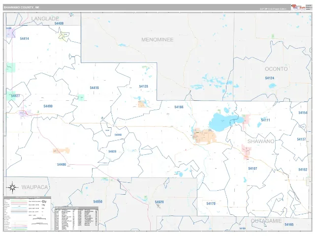 Shawano County, WI ZIP Code Wall Map, Classic style