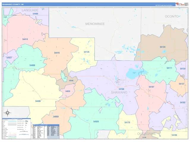 Shawano County, WI ZIP Code Wall Map, ColorCast style