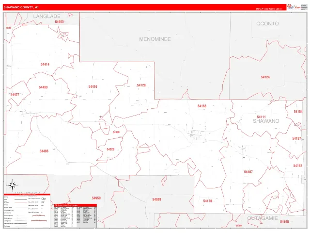 Shawano County, WI ZIP Code Wall Map, RedLine style