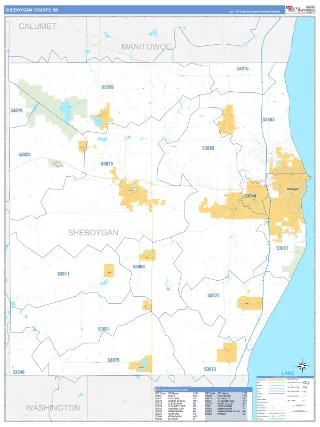 Sheboygan County, WI Business Reference style ZIP Code wall map
