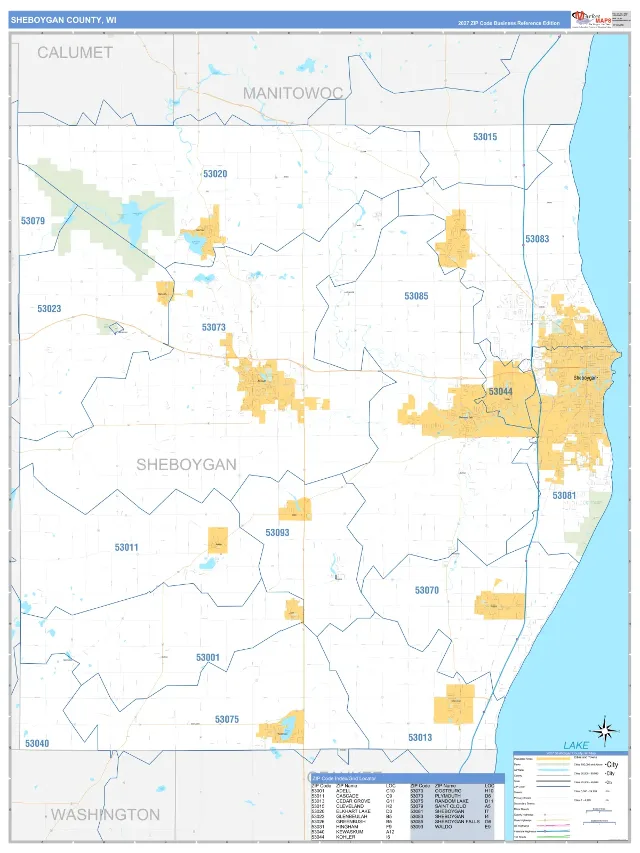Sheboygan County, WI ZIP Code Wall Map, Business Reference style