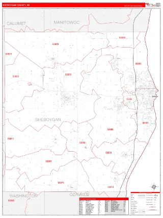 Sheboygan County, WI RedLine style ZIP Code wall map
