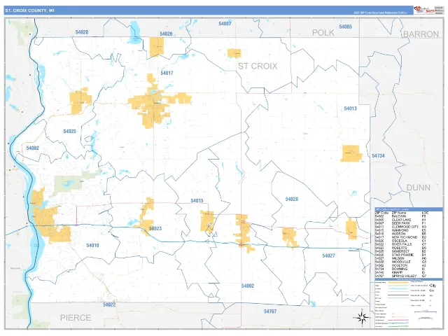 St. Croix County, WI ZIP Code Wall Map, Business Reference style