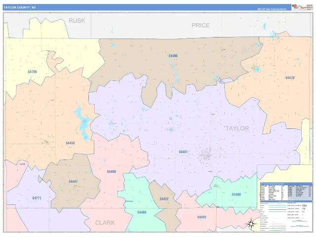 Taylor County, WI ZIP Code Wall Map, ColorCast style