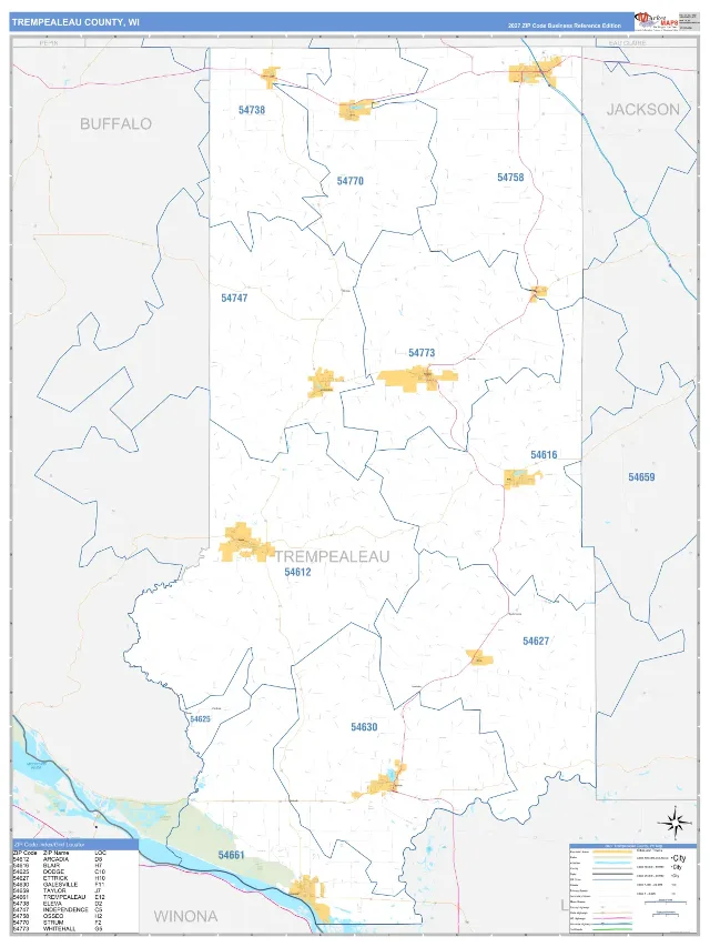 Trempealeau County, WI ZIP Code Wall Map, Business Reference style