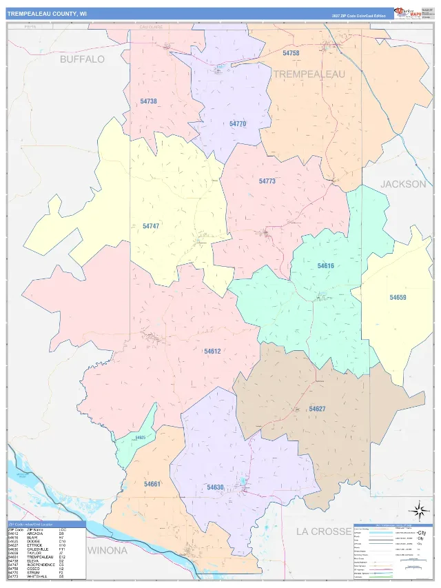 Trempealeau County, WI ZIP Code Wall Map, ColorCast style