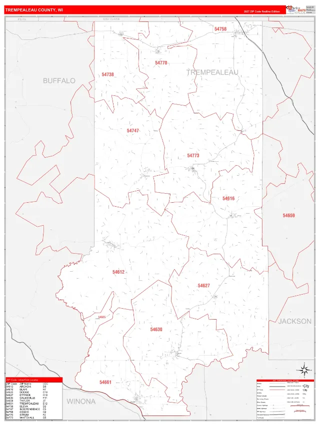 Trempealeau County, WI ZIP Code Wall Map, RedLine style