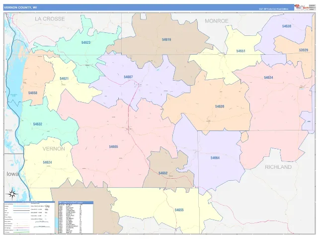 Vernon County, WI ZIP Code Wall Map, ColorCast style
