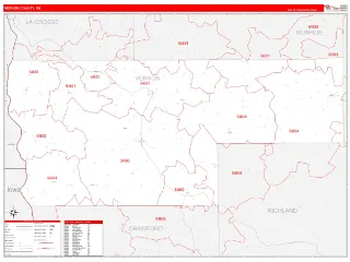 Vernon County, WI RedLine style ZIP Code wall map