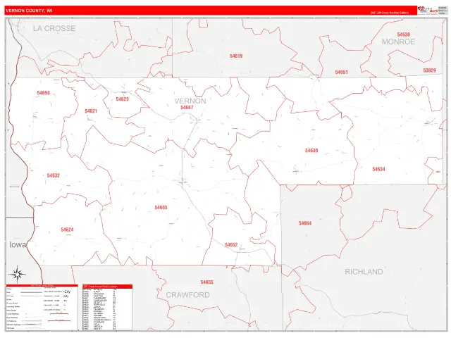 Vernon County, WI ZIP Code Wall Map, RedLine style