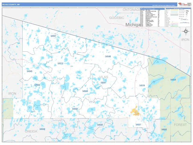 Vilas County, WI ZIP Code Wall Map, Business Reference style