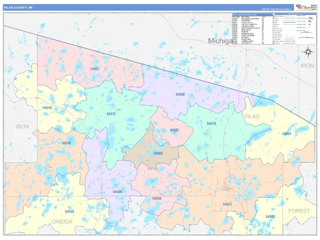 Vilas County, WI ZIP Code Wall Map, ColorCast style