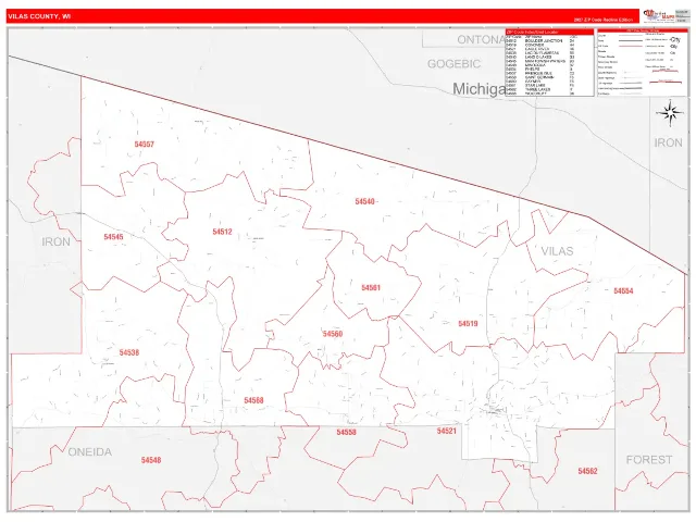 Vilas County, WI ZIP Code Wall Map, RedLine style