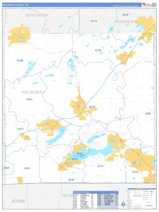 Walworth County, WI Business Reference style ZIP Code wall map