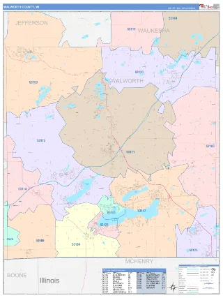 Walworth County, WI ColorCast style ZIP Code wall map