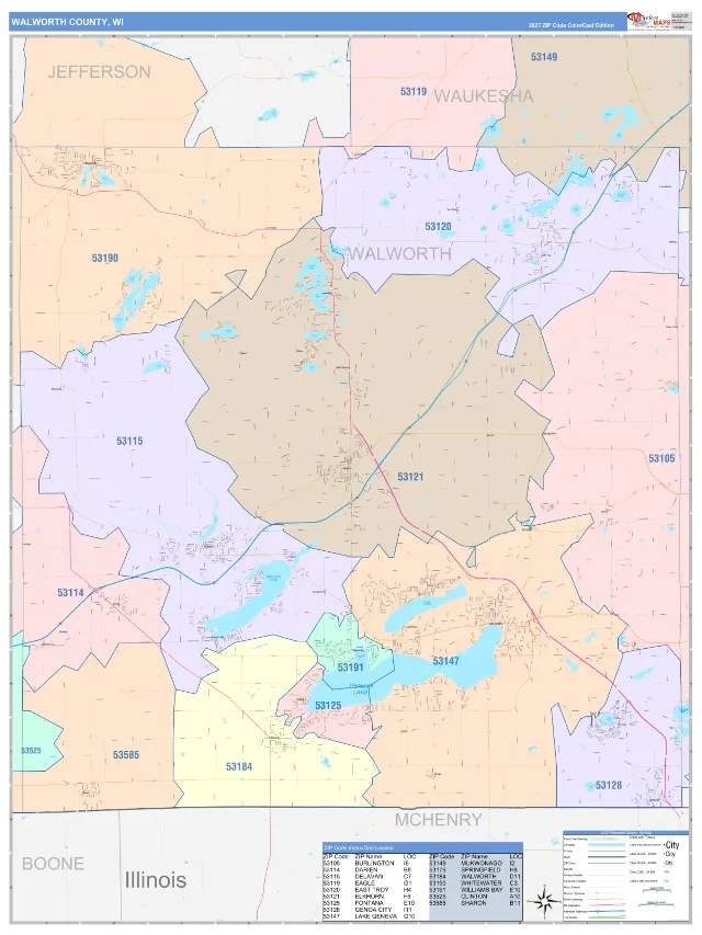 Walworth County, WI ZIP Code Wall Map, ColorCast style