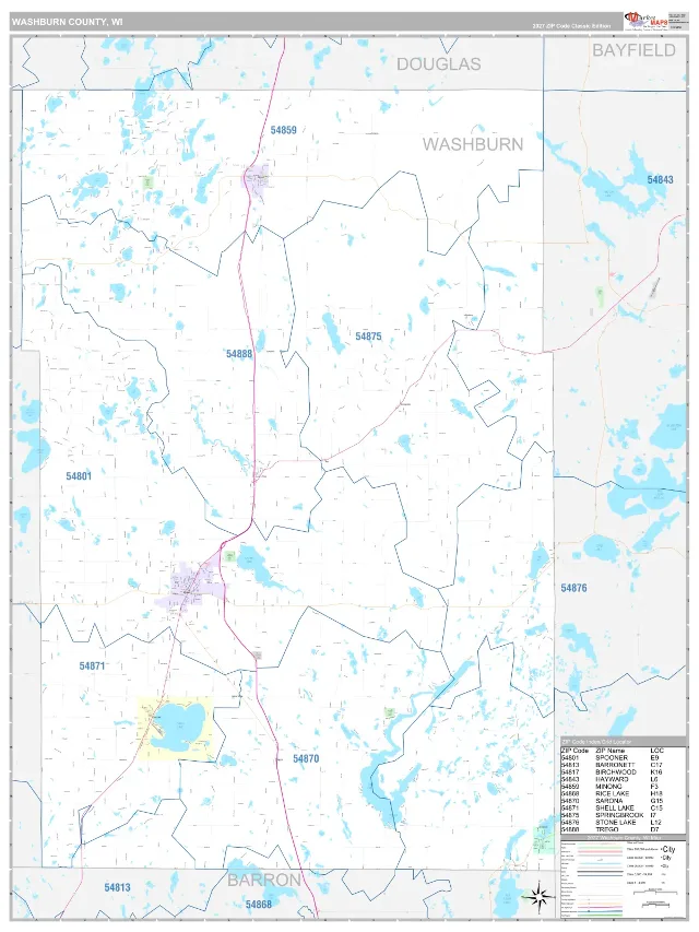 Washburn County, WI ZIP Code Wall Map, Classic style