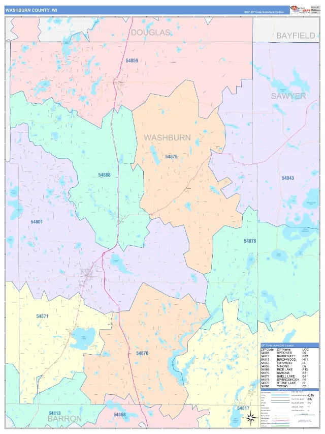 Washburn County, WI ZIP Code Wall Map, ColorCast style