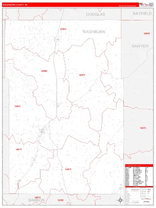 Washburn County, WI RedLine style ZIP Code wall map