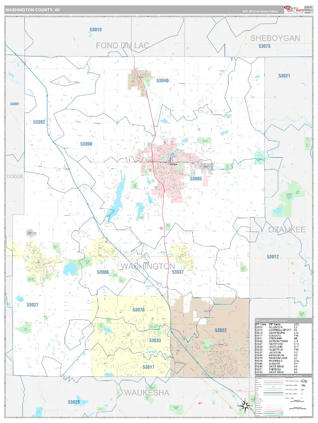 Washington County, WI ZIP Code Wall Map, Classic style