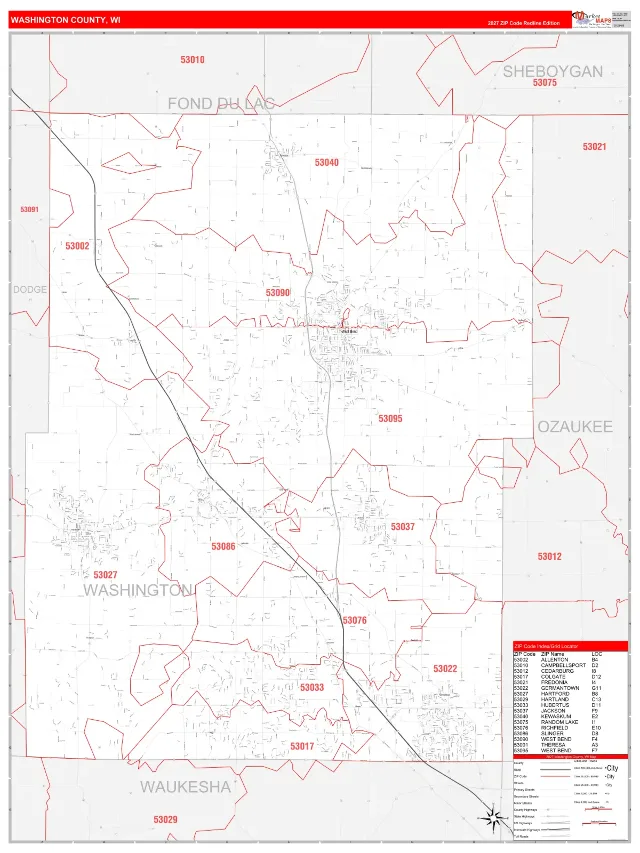 Washington County, WI ZIP Code Wall Map, RedLine style