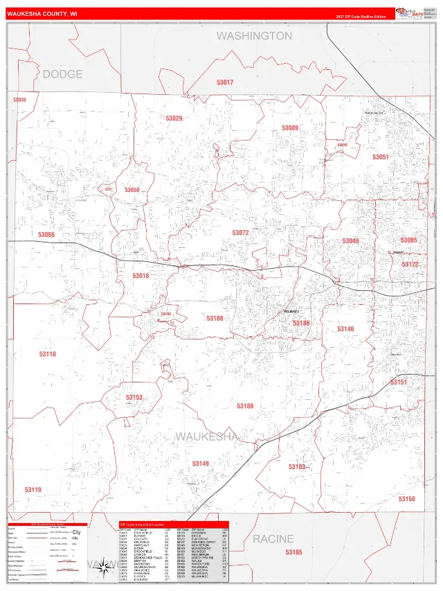 Waukesha County, WI ZIP Code Wall Map, RedLine style