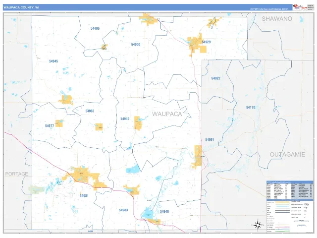 Waupaca County, WI ZIP Code Wall Map, Business Reference style