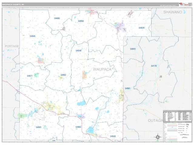 Waupaca County, WI ZIP Code Wall Map, Classic style