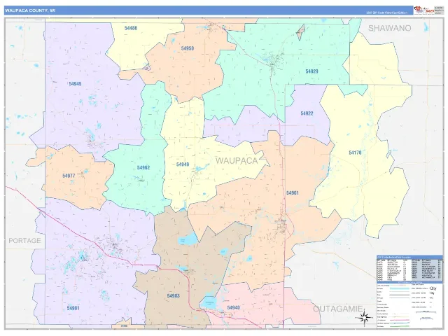Waupaca County, WI ZIP Code Wall Map, ColorCast style