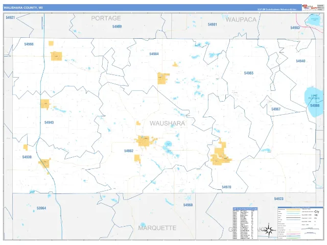 Waushara County, WI ZIP Code Wall Map, Business Reference style