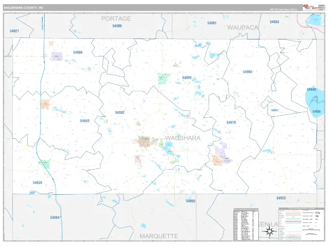 Waushara County, WI ZIP Code Wall Map, Classic style