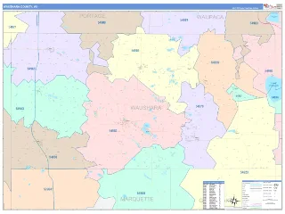 Waushara County, WI ColorCast style ZIP Code wall map