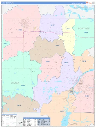 Wood County, WI ColorCast style ZIP Code wall map