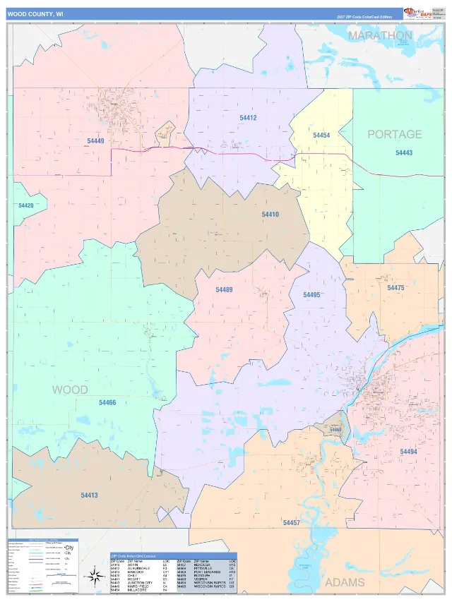 Wood County, WI ZIP Code Wall Map, ColorCast style