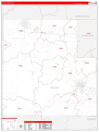 Wood County, WI RedLine style ZIP Code wall map