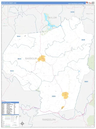 Barbour County, WV Business Reference style ZIP Code wall map
